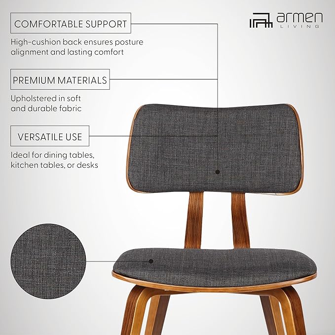 Armen Living Jaguar Mid-Century Dining Chair in Walnut Wood and Charcoal Fabric - Set of 4