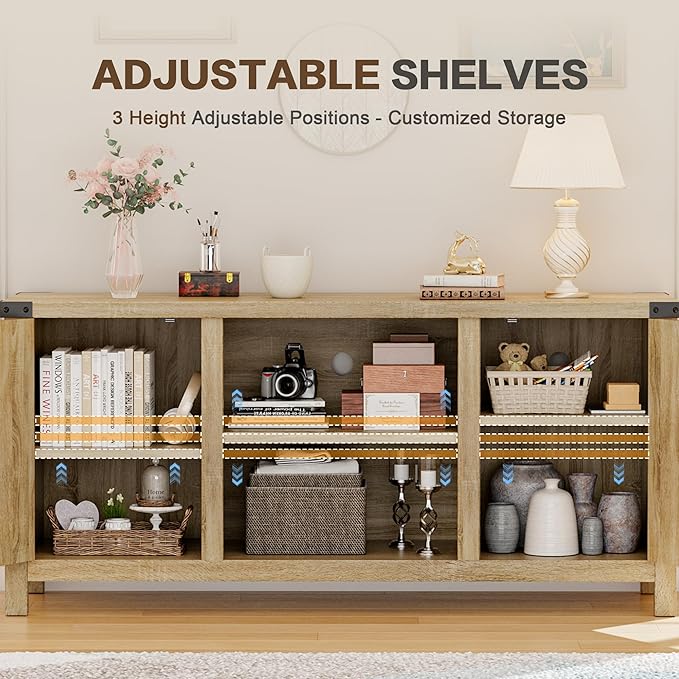 YESHOMY Farmhouse Buffet & Sideboard, 58" Kitchen Storage Cabinet with Adjustable Shelves & Doors, Wood Coffee Bar for Living Room, Entryway, Yellow