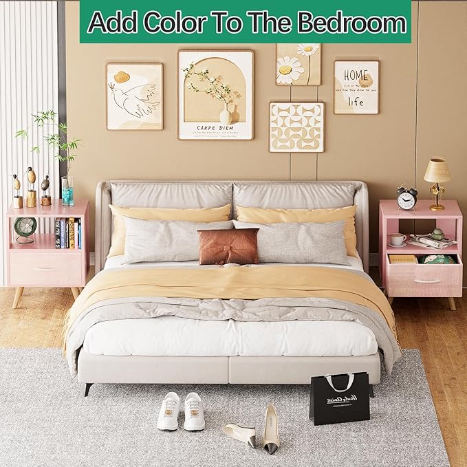 Night Stand, Pink Kids Nightstand with Drawer, Nursery Side Table with Open Storage, 2-Tier Modern End Table, Bedside Table for Small Space, Living Room, Bedroom