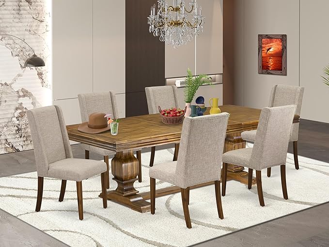 NKFL7-AWA-04-7-Piece Dining Table Set Consists of a Breakfast Table and 6 Light Tan Linen Fabric Dining Chairs with Padded Chair Back - Antique Walnut Finish.
