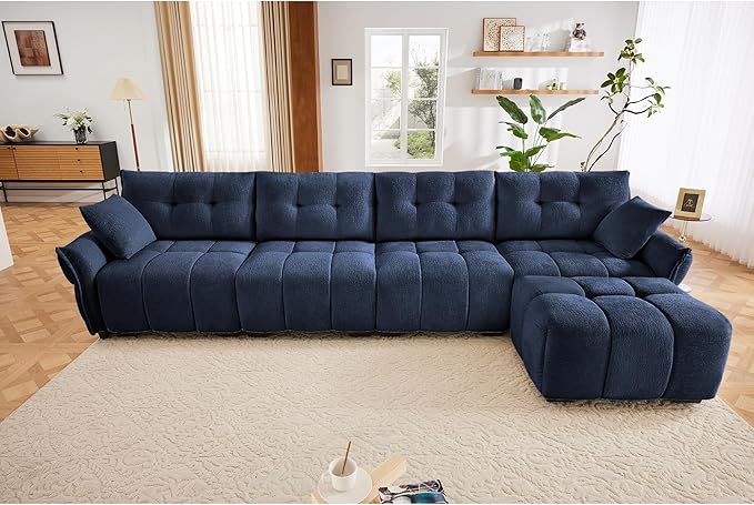 Modern Chenille Fabric 4-Seat Sofa w/Ottoman+2 Pillows, Premium Upholstery Living Room Couch with Tufted Backrest & Comfortable Armrests and High-Resilience Memory Foam Cushions,Blue