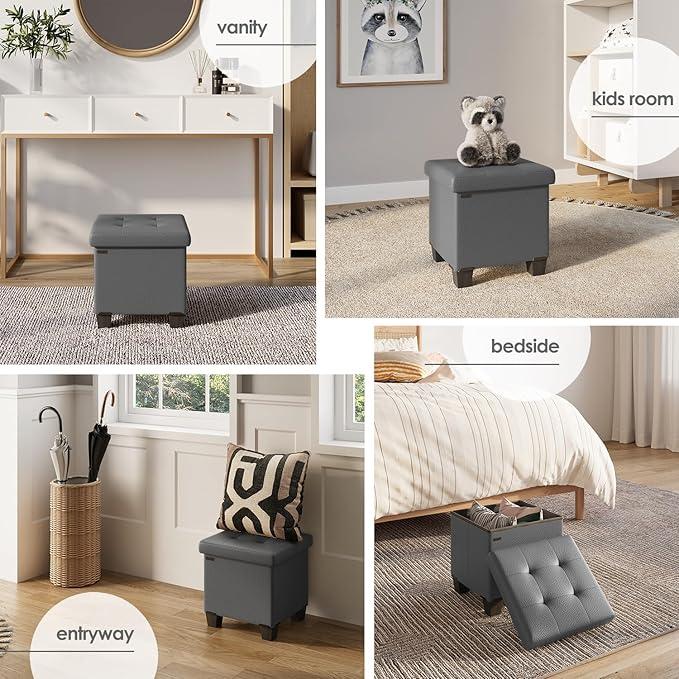 STORAGEBUD Storage Ottoman Cube with Small Bin, 16-in Square Ottoman with Storage for Living Room and Bedroom, Small Ottomans Foot Rest, Faux Leather Foot Stools Ottomans Max 330lbs, Grey