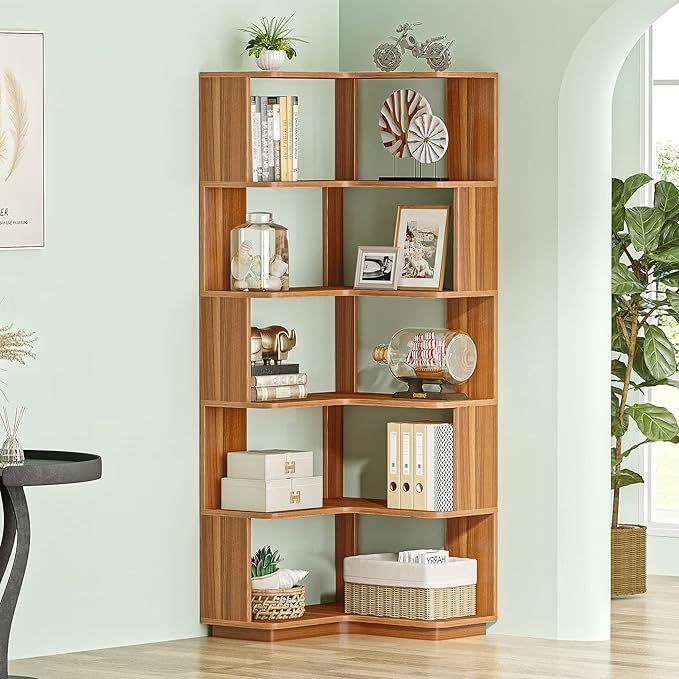 LITTLE TREE 6-Shelf Corner Bookshelf, 65” Tall L Shaped Bookcase, 6-Tier Industrial Corner Shelf Storage Display Rack for Living Room Home Office, Wood Grain Walnut