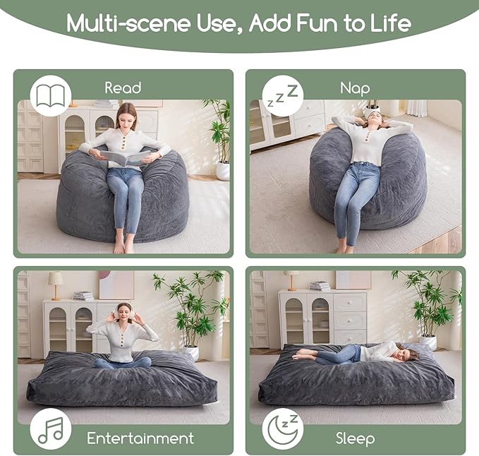 HIGOGOGO Giant Bean Bag Chair Bed for Adults,Convertible Beanbag Folds from Lazy Chair to Floor Mattress Bed,Large Floor Sofa Couch with High-Density Foam Filling, Machine Washable