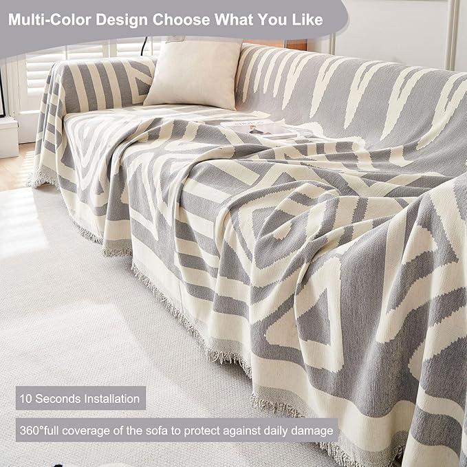 STACYPIK Boho Grey Sofa Cover Furniture Protector Couch Soft with Tassels for Kids Jacquard Triangle Couch Cover for Loveseat Cover Reversible Non Slip Sofa Cover Pets Dogs Friendly Home Decor-71X71IN
