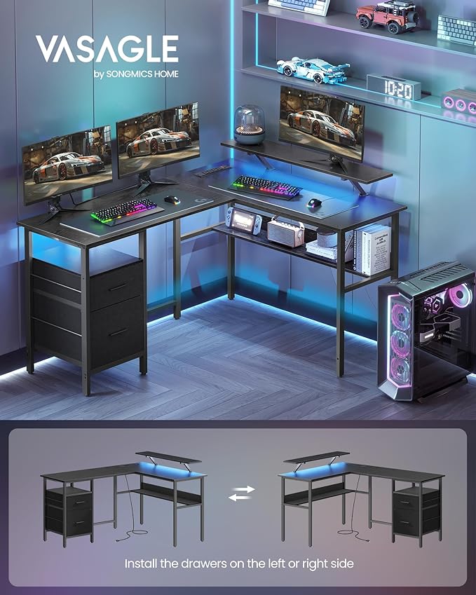 VASAGLE L-Shaped Desk with Power Outlets, Computer Desk with Monitor Stand, Corner Desk, Gaming Desk with LED Lights, 2 Drawers, Easy to Assemble, for Home Office, Ebony Black ULWD095B56