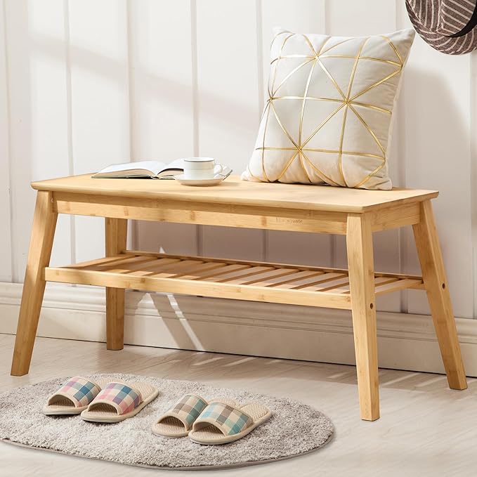 Nnewvante 33.46" Bamboo Entryway Bench, 2 Tier Indoor Storage Bench, Wood Bench for Living Room, Dining Room, Bedroom, Hallway, Holds up to 300lbs