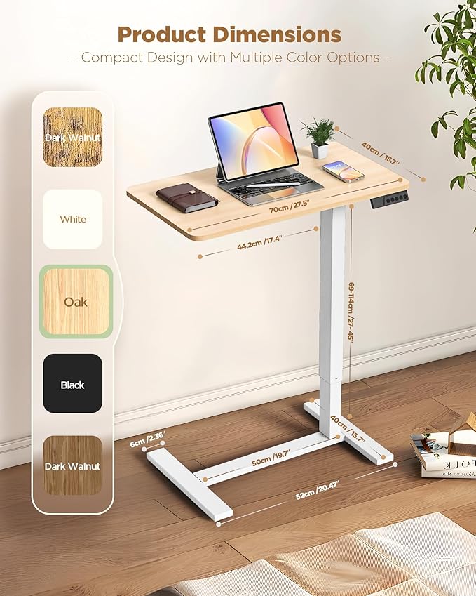 Electric Adjustable Height Standing Desk - Small Sit Stand Portable Rolling Laptop Table with Hidden Wheels, Small Computer Workstation for Bedside & Home Office Use (28"x16", Oak)