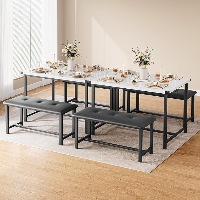 Dining Table Set for 4, Kitchen Table with 2 Upholstered Benches, 3-Piece Dining Room Set for Kitchen, Apartment and Small Spaces, Marble White