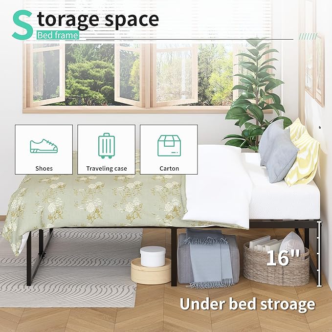 18 Inch Queen Bed Frame Heavy Duty Steel Slat Support Metal Queen Size Platform Bed Frame No Box Spring Needed, Easy Assembly, Black