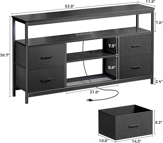 Huuger TV Stand Dresser with Power Outlets and LED Lights, 4 Drawers Entertainment Center with Shelf, 54 Inch Media Console for 55 60 Inch TV, 4 AC Outlets, 2 USBs, Dresser with PU Finish, Black