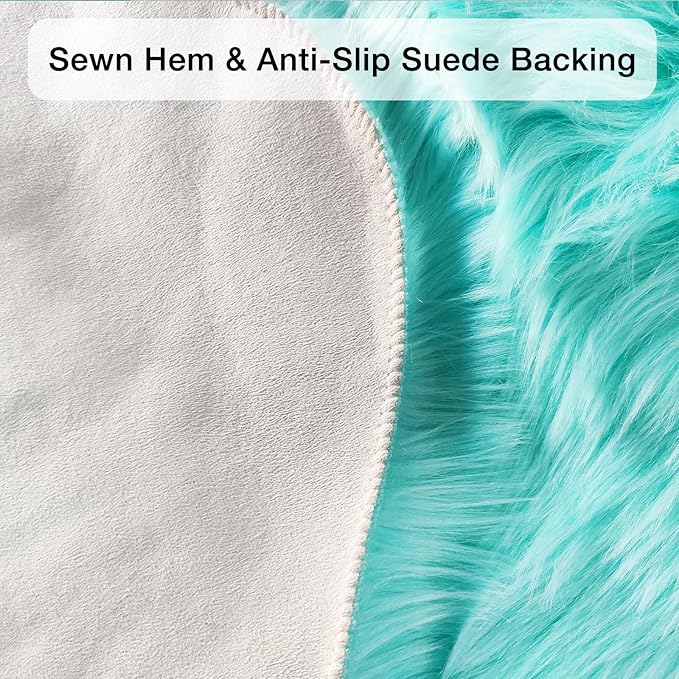 duduta Turquoise Blue Sheepskin Throw Rug 2x3 ft, Fluffy Shag Faux Fur Chair Covers Small Bedside Dorm Rug Non Slip Washable