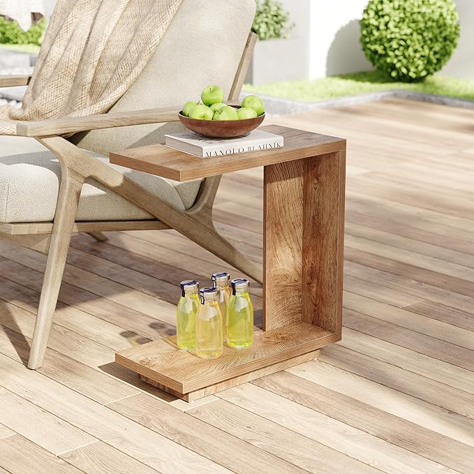 LITTLE TREE C-Shaped Side Table Set of 2, Narrow 2-Tier End Table for Living Room, Couch, Bedroom, Bedside, Nightstand, Brown