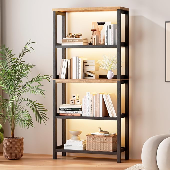 Vlsrka 5 Tier Wooden Bookshelf with Lights, 65" Tall Open Bookcase Storage Rack, Modern Bookshelf with Storage, Free Standing Display Book Shelves for Living Room, Home Office, Black