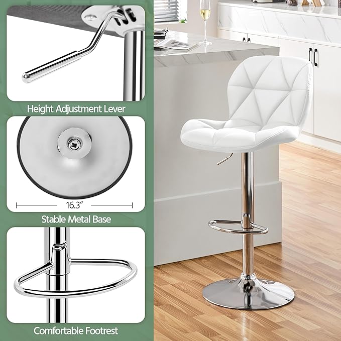 Yaheetech Bar Stools Set of 4, Adjustable PU Leather Swivel Barstools, Modern Counter Stools with Back and Footrest, Counter Height Barstools for Bar, Kitchen, Dining Room, White