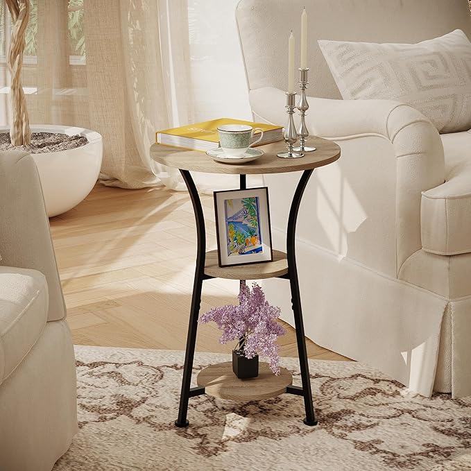 Dulcii Round Side Table for Narrow and Small Spaces,3 Tier Small Round End Table Sofa Side Table for Living Room,Small Bedside Table Round Nightstand for Bedroom