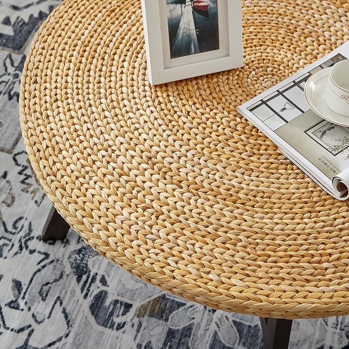 RANDEFURN Coffee Table Round, Seagrass Coffee Tables,Pine Wood X Base Frame Cocktail Table, Easy Assembled, Multiple Sizes for Living Room, Solid Wood Table,32 x 17 Inches,Natural