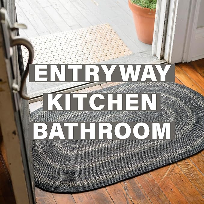 Homespice Jet Black Rectangle Braided Rug 2x3' - Rustic Braided Rug Black & Gray, Ideal as Country Kitchen Rugs & Bed Side Rugs for Bedroom. Finely Braided Jute Rug