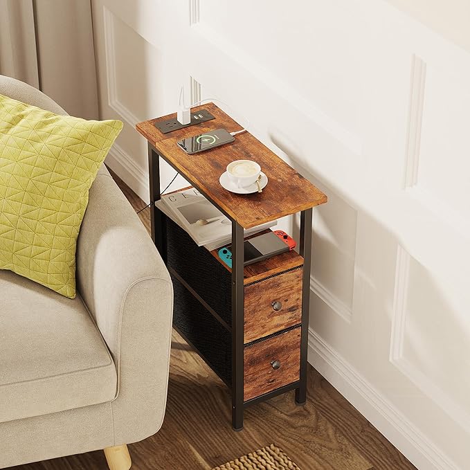 End Table Set 2 with Charging Station, Narrow Side Table with 2 Fabric Drawers, Skinny Nightstand with LED Light, Slim Bedside Table for Bedroom, Living Room, Small Spaces, Rustic Brown