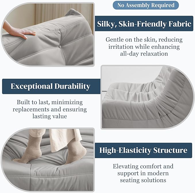 Bean Bag Chair, Loveseat Fireside Chair Bean Bag Sofa for Adults, 2 Seater Bean Bag Chairs for Teens with High-Resilience Foam, Memory Foam Bean Bag for Living Room, Bedroom, Office (Suede,Light Gray)