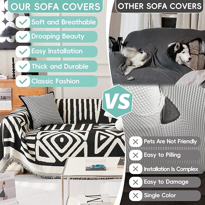 STACYPIK Reversible Boho Couch Cover Ivory Black Futon Armchair Slipcovecrs Anti-Slip Sofa Cover for Dogs Cats Geometric Triangle Couch Cover Versatile Furniture Protector for 2 Cushion Couch-71X90IN