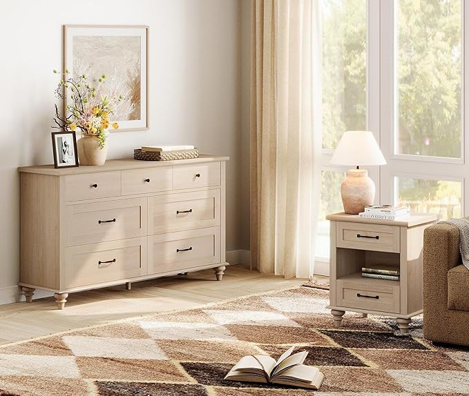 WAMPAT Beige Side Table with Charging Station, Elegant Nightstand for Bedroom with 2 Drawers & Open Shelf, Wooden End Table Bedside Table for Living Room, Kids Room