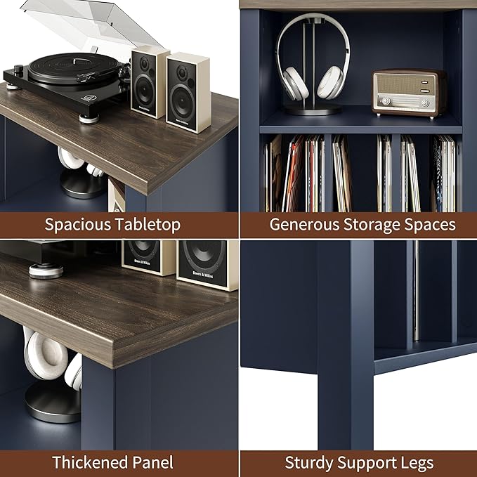 LIDYUK Record Player Stand, Vinyl Record Storage Table End Table with Display Shelf Holds up to 130 Albums, Large Nightstand Wood Turntable Stand Cabinet Side Table for Living Room, Bedroom, Blue