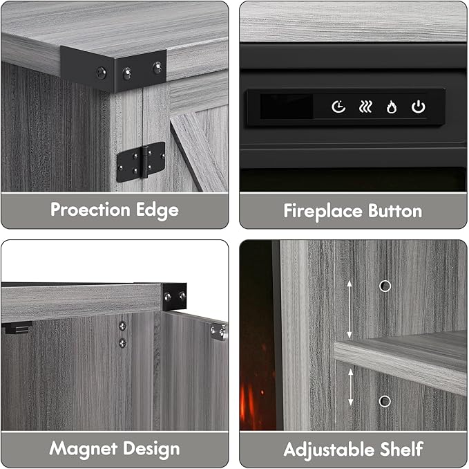 YESHOMY Fireplace TV Stand with Two Barn Doors and Storage Cabinets for Televisions up to 65+ Inch, Entertainment Center Console Table, Media Furniture for Living Room, 58 Inch, Gray Wash