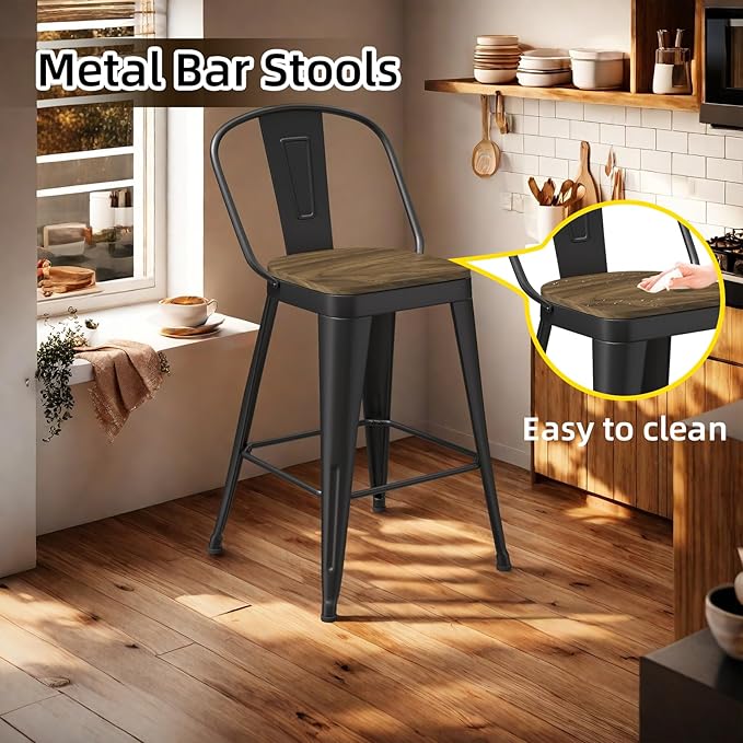 Metal Bar Stools Set of 4, High Back Bar Stools with Wooden Seat, 24 inch Black Barstools for Kitchen Island