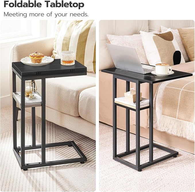 HOOBRO Foldable End Table, C Shaped Side Table with Storage Shelf, Small Snack Table Suitable for Living Room Bedroom Small Spaces, Easy Assembly, Black BK29SF01