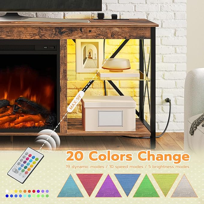 HOOBRO Fireplace TV Stand with Charging Station and LED Lights, TV Stand with Fireplace for TVs up to 65", Entertainment Center with Fireplace, Glass Shelves, Rustic Brown and Black BF140UDDS01