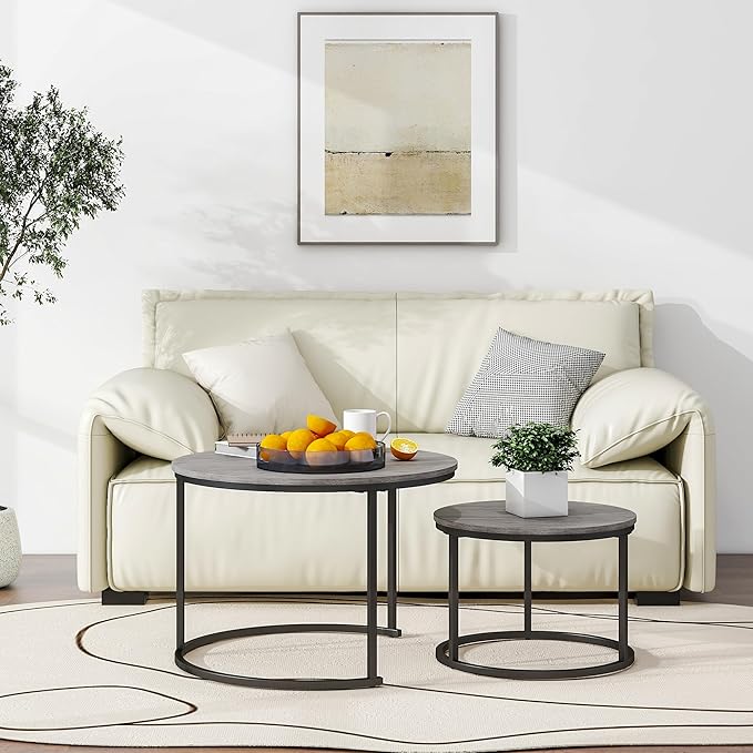 Nesting Round Coffee Table Set of 2 End Tables for Living Room,Grey Coffee Table Wooden Accent Furniture with Metal Frame,Stacking Side Tables,Black+Warm Grey