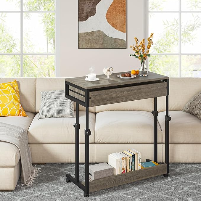 Tribesigns Portable Desk with Drawers, Mobile Laptop Desks with Wheels, Couch Desk Sofa Side Table, Small Standing Desks for Home Office (Retro Grey)