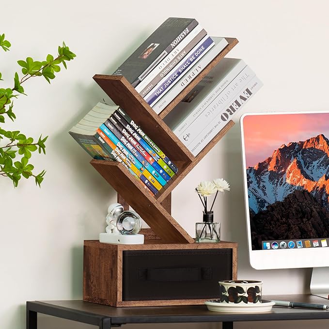 Small Bookshelf with Drawer,4 Tier Tree Book Shelf,Wood Desk Bookshelves,Modern Free Standing Desktop Display Shelves,Brown Floor Standing Organizer Bookcase for Living Room,Bedroom,Office