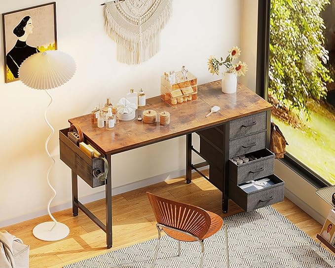 Casaottima 40-Inch Small Desk with 4 Fabric Drawers, Compact Study Desk for Students and Kids, Space-Saving Work Table for Bedroom or Small Spaces, Vintage