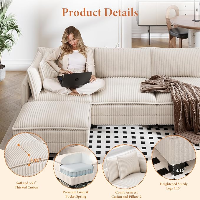 Vesgantti 143" L Shaped Modular Sectional Sofa, Comfy Corduroy Upholstered Modular Sectional Couches for Living Room, Modern Cloud Couch with Ottoman Deep Seat, Beige