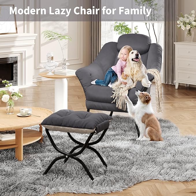 IDEALHOUSE Lazy Chair with Ottoman - Modern Living Room Chairs for Small Spaces, Ergonomic Reading Chair with Armrests, Comfy Chair with Ottoman for Bedroom & Living Room, Grey