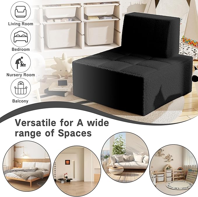 Modular Sherpa Sofa Chair, Cozy Floor Lounge Seating, No Armrests, Small Sofa for Small Spaces, Reading Nook, or Apartment Living, Single, Black