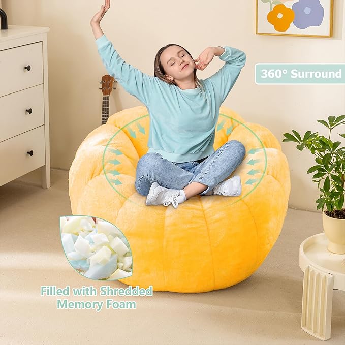 Pumpkin Bean Bag Sofa Chair, Bean Bag Chair with Filler for Teens, Kids, Toddler, Comfy and Lazy Sofa for Dorm, Apartment, Living Room and Bedroom, Orange