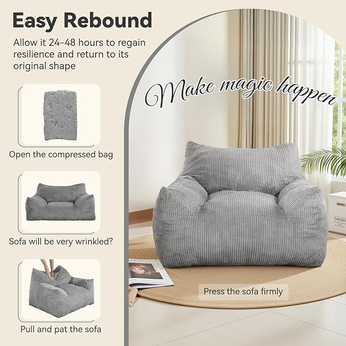 INMOZATA Bean Bag Chair for Adults, 3FT Beanbag Chair with Ottoman Pre-Filled Fluffy Lazy Chair Corded Fabric Accent Chair for Bedroom Living Room Dorm (Gray)