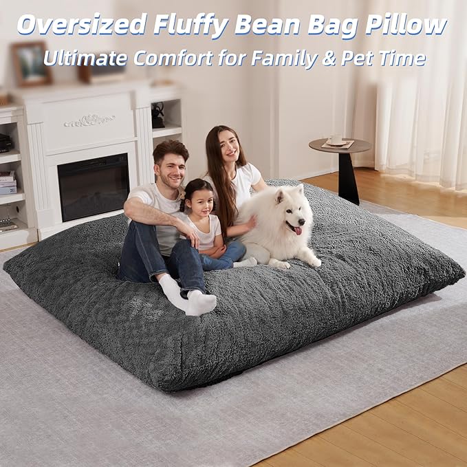 HABUTWAY 4 in 1 Bean Bag Chair, Giant Memory Foam Filling Bean Bag Sofa, Adult Bean Bag Chair, Machine Washable Faux Fur Cover, Bean Bag for Adult (Grey)