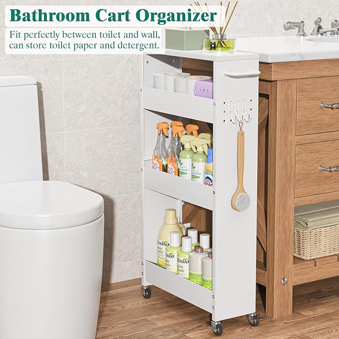 Slim Storage Cart, 4 Tier Rolling Kitchen Cart on Wheels for Small Space, Narrow Laundry Bathroom Organizers Mobile Shelving Unit Metal Utility Cart with Handle, 5.9in Width, White