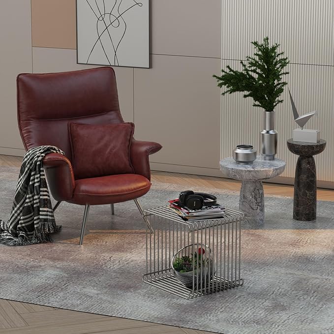 Square Geometry Retro Side Table Prime-Stainless Steel Linear Metal End Table, Iron Multi-Purpose Desktop Shelf (Silver)