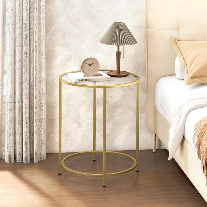 19.7’’ Round Glass End Table, Round Bedside Table with Tempered Glass Top, Gold Glass Side Table with Metal Frame, Modern Round End Table for Living Room Balcony Bedroom Porch Patio