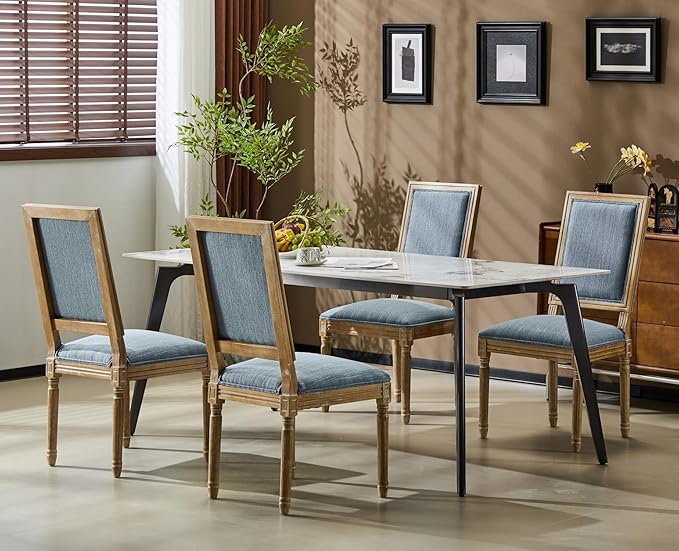 Merax Upholstered Solid Wood Dining Chairs Set of 4, French Country Style Accent Side Seating Furniture for Kitchen, Living Room, Cushioned Back, Slate Blue