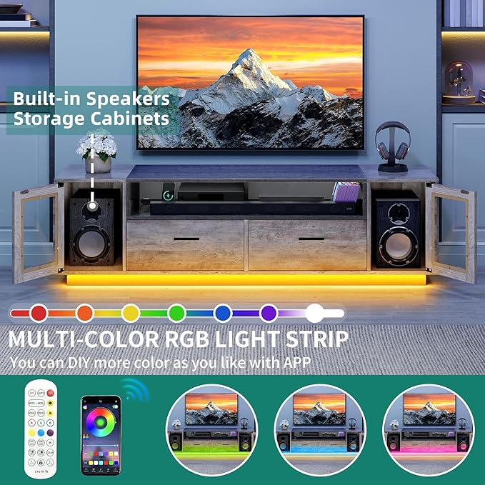 YITAHOME TV Stands for Living Room, Farmhouse TV Stand for 65/70 inch TV, LED TV Entertainment Center with Storage & Power Outlets, TV Console Cabinet, Rustic Grey