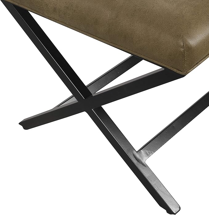 HomePop Home Decor | Modern Tufted Faux Leather Square Ottoman with Metal X Base | Ottoman for Living Room & Bedroom | Decorative Home Furniture, Light Brown Faux Leather