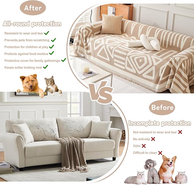 HANDONTIME Sofa Covers Armchair Boho Couch Cover for Dogs Khaki Throw Couch Cover with Tassel Chair Recliner Futon Cover Washable 1 Cushion Couch Non Slip Chenille Couch Protector, 59" X71"