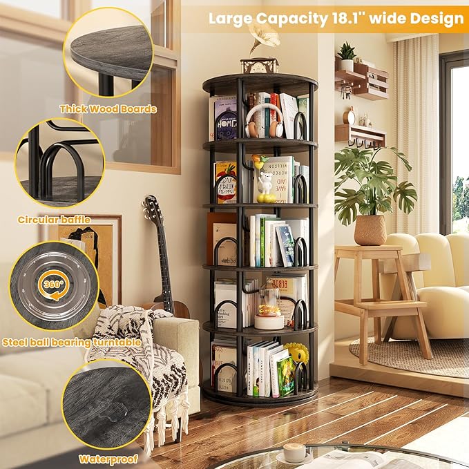 Aheaplus 5 Tier Rotating Bookshelf Tower, 360 Display Spinning Bookcase, Revolving Round Book Shelf Narrow Swivel Bookshelf, Vertical Turning Corner Book Organizer for Small Space, Black Oak