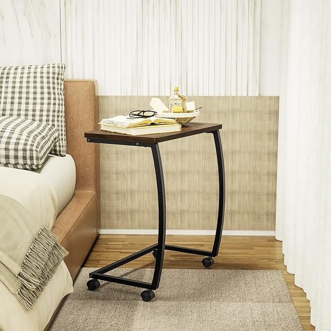 SRIWATANA Side Table, C-Shaped End Table with Rolling Wheels,Rustic Sofa Couch Table for Laptop Coffee Snack, Dark Walnut